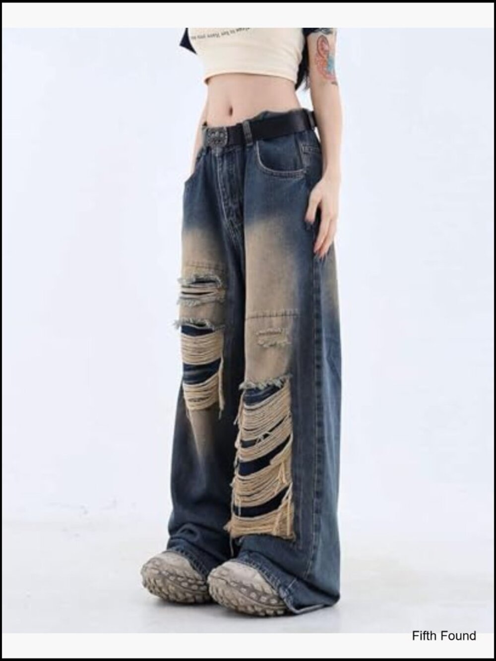 Baggy High Waisted Ripped Straight Leg Jeans Distressed Y2K Grunge - Picture 2 of 5